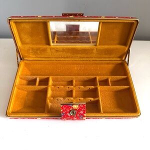 Vintage Hard Shell Travel Jewelry Case, Floral, Pretty, Mustard Interior, Mirror